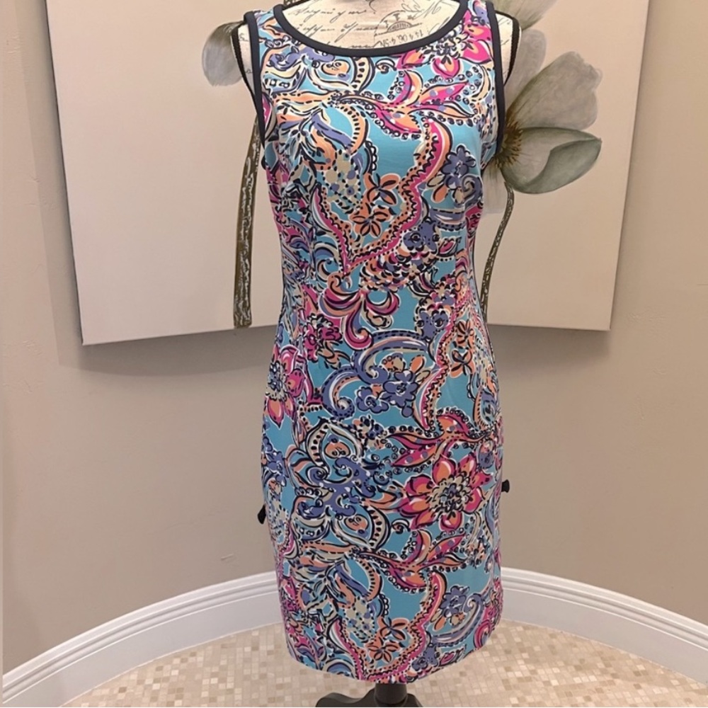 🩷LILLY PULITZER Francesca Aqua Bait & Switch Sleeveless Sheath Dress size M - Picture 4 of 8